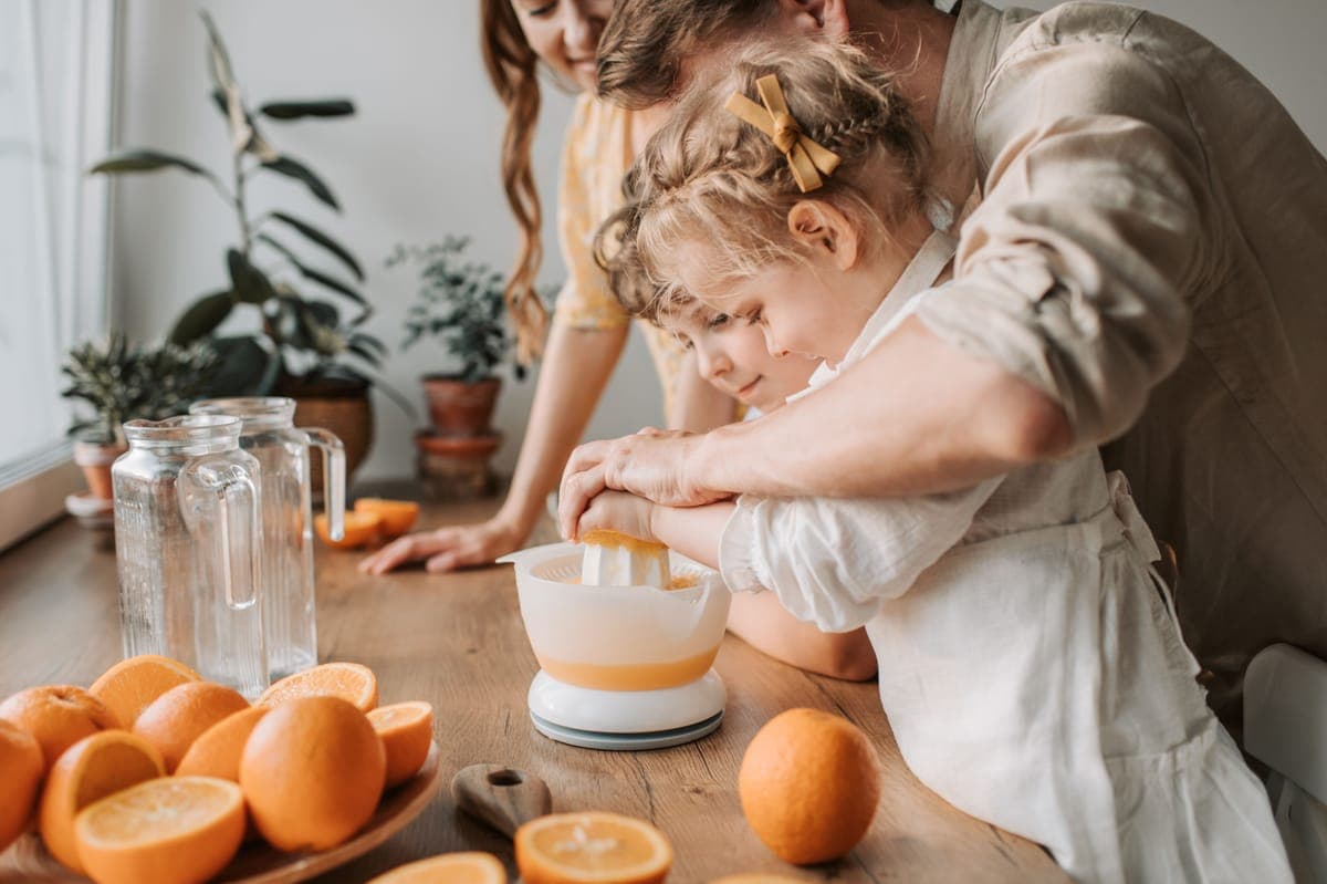 A simple juicing machine with fruit on a counter